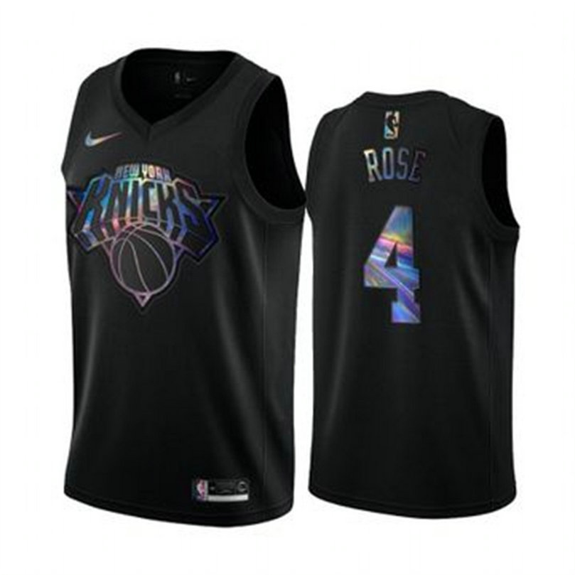 Nike Knicks #4 Derrick Rose Men's Iridescent Holographic Collection NBA Jersey - Black