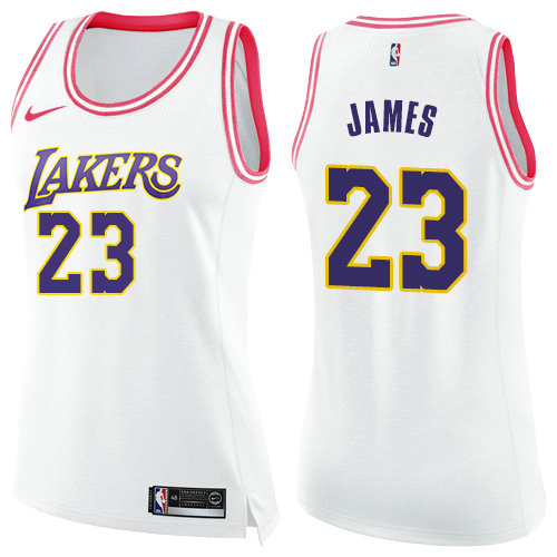 Nike Lakers #23 LeBron James White Pink Women's NBA Swingman Fashion Jersey