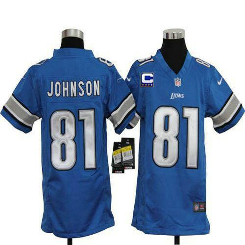 Nike Lions #81 Calvin Johnson Light Blue Team Color With C Patch Youth Stitched NFL Elite Jersey