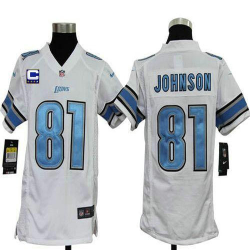 Nike Lions #81 Calvin Johnson White With C Patch Youth Stitched NFL Elite Jersey