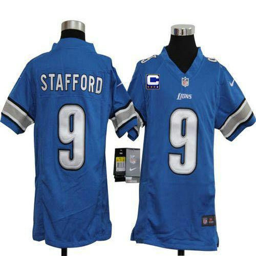Nike Lions #9 Matthew Stafford Light Blue Team Color With C Patch Youth Stitched NFL Elite Jersey