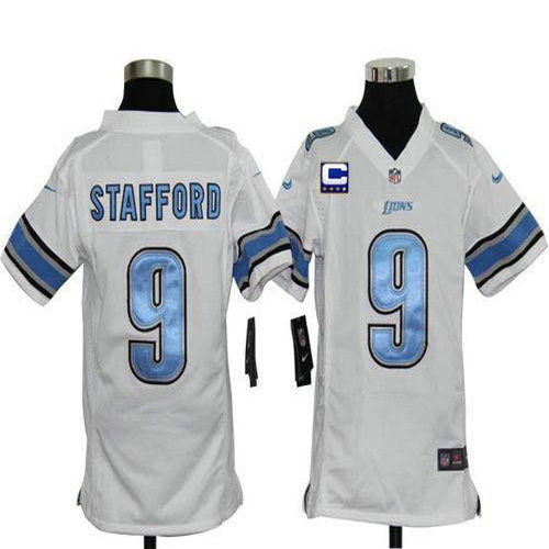 Nike Lions #9 Matthew Stafford White With C Patch Youth Stitched NFL Elite Jersey