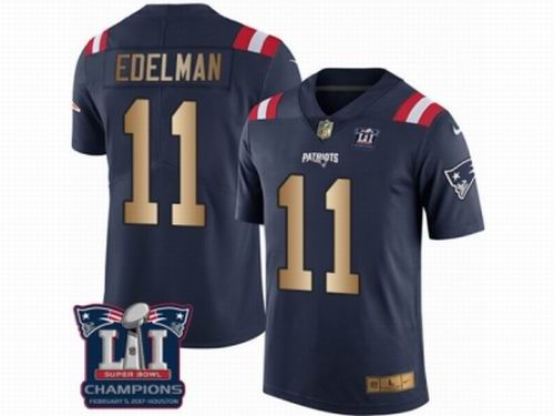 Nike New England Patriots #11 Julian Edelman Limited Navy Gold Rush Super Bowl LI Champions Jersey