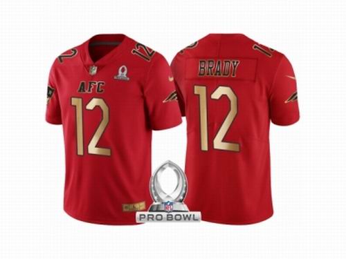 Nike New England Patriots #12 Tom Brady AFC 2017 Pro Bowl Red Gold Limited Jersey