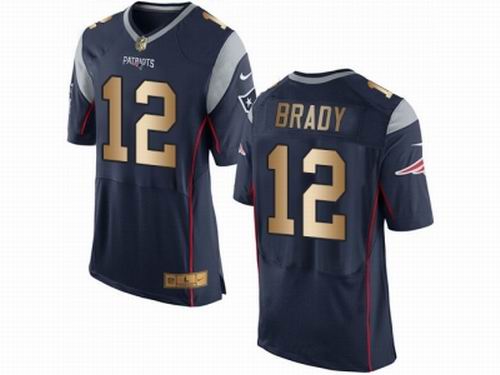 Nike New England Patriots #12 Tom Brady Navy Blue New Elite Gold Jersey