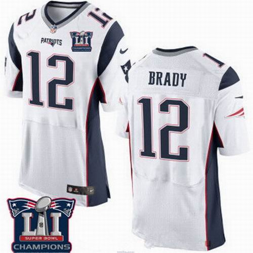 Nike New England Patriots #12 Tom Brady White 2017 Super Bowl LI Champions Patch Elite Jersey