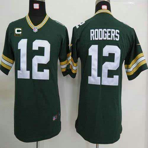 Nike Packers #12 Aaron Rodgers Green Team Color With C Patch Youth Stitched NFL Elite Jersey