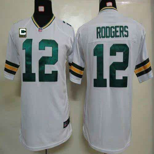 Nike Packers #12 Aaron Rodgers White With C Patch Youth Stitched NFL Elite Jersey