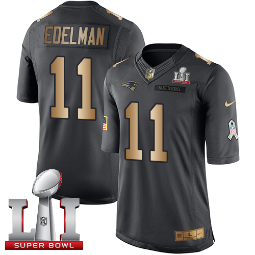 Nike Patriots #11 Julian Edelman Black Super Bowl LI 51 Limited Gold Salute To Service Jersey