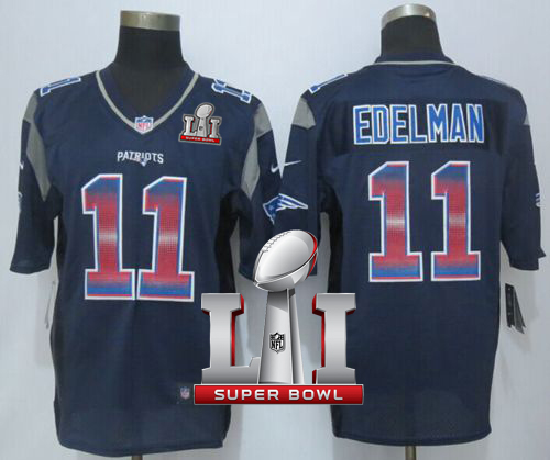 Nike Patriots #11 Julian Edelman Navy Blue Team Color Super Bowl LI 51 Limited Strobe Jersey