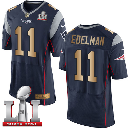 Nike Patriots #11 Julian Edelman Navy Blue Team Color Super Bowl LI 51 New Elite Gold Jersey