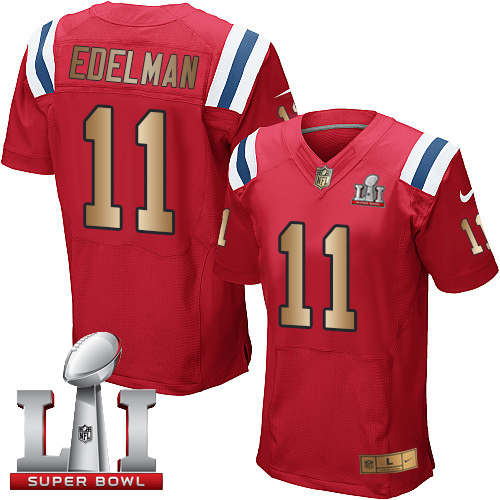 Nike Patriots #11 Julian Edelman Red Alternate Super Bowl LI 51 Elite Gold Jersey