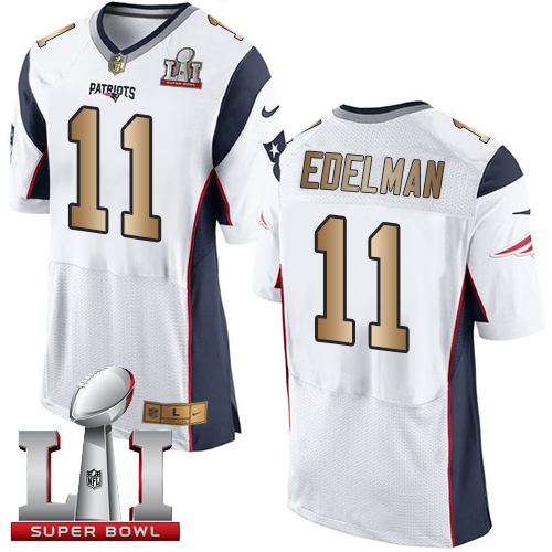 Nike Patriots #11 Julian Edelman White Super Bowl LI 51 New Elite Gold Jersey