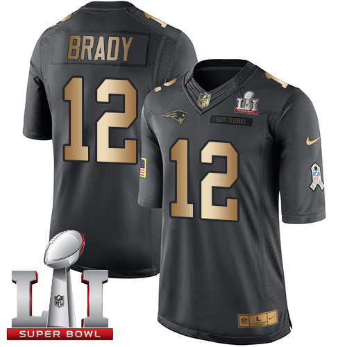 Nike Patriots #12 Tom Brady Black Super Bowl LI 51 Limited Gold Salute To Service Jersey