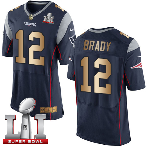 Nike Patriots #12 Tom Brady Navy Blue Team Color Super Bowl LI 51 New Elite Gold Jersey