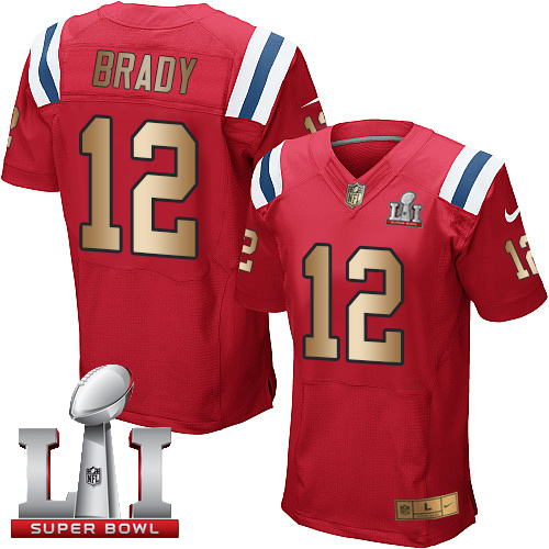 Nike Patriots #12 Tom Brady Red Alternate Super Bowl LI 51 Elite Gold Jersey