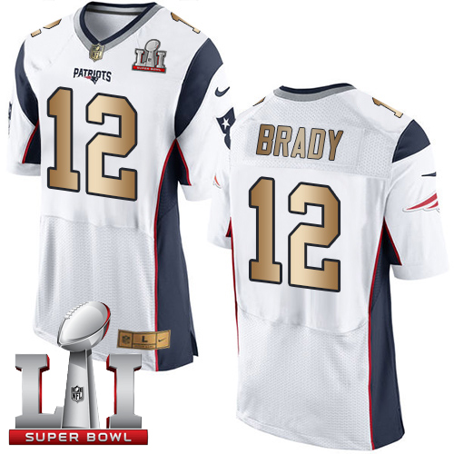 Nike Patriots #12 Tom Brady White Super Bowl LI 51 New Elite Gold Jersey
