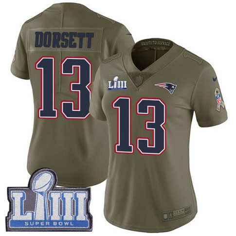 Nike Patriots #13 Phillip Dorsett Olive Super Bowl LIII Bound Women's Stitched NFL Limited 2017 Salute to Service Jersey