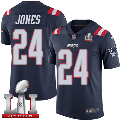 Nike Patriots #24 Cyrus Jones Navy Blue Super Bowl LI 51 Limited Rush Jersey