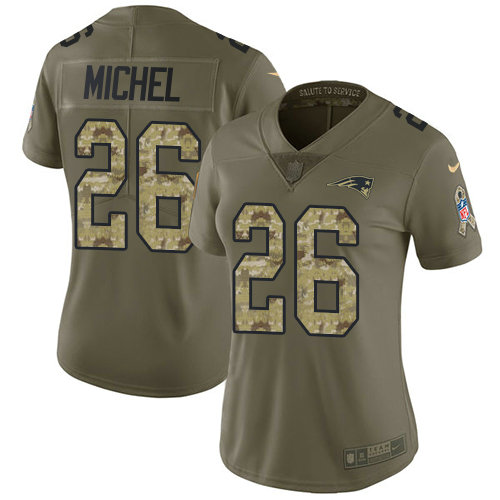 Nike Patriots #26 Sony Michel Olive Camo Women's Stitched NFL Limited 2017 Salute to Service Jersey