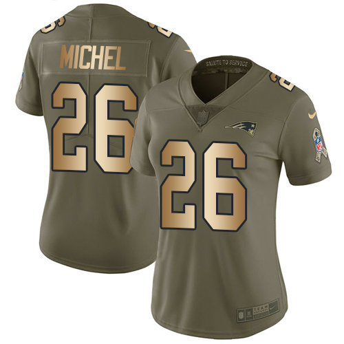 Nike Patriots #26 Sony Michel Olive Gold Women's Stitched NFL Limited 2017 Salute to Service Jersey