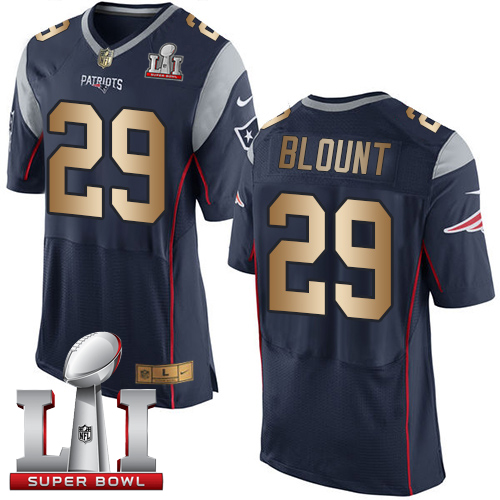 Nike Patriots #29 LeGarrette Blount Navy Blue Team Color Super Bowl LI 51 New Elite Gold Jersey