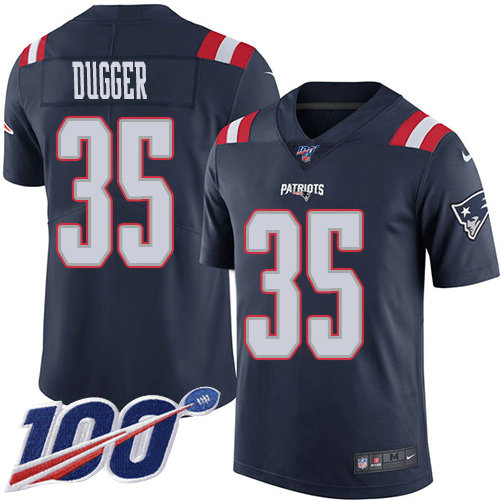 Nike Patriots #35 Kyle Dugger Navy Blue Men's Stitched NFL Limited Rush 100th Season Jersey
