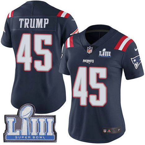 Nike Patriots #45 Donald Trump Navy Blue Super Bowl LIII Bound Women's Stitched NFL Limited Rush Jersey
