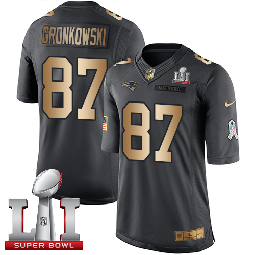 Nike Patriots #87 Rob Gronkowski Black Super Bowl LI 51 Limited Gold Salute To Service Jersey