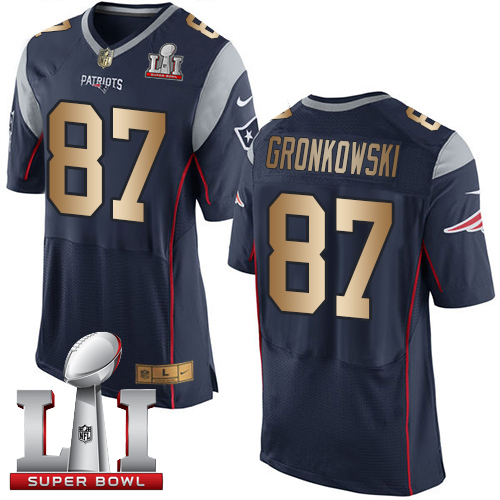 Nike Patriots #87 Rob Gronkowski Navy Blue Team Color Super Bowl LI 51 New Elite Gold Jersey