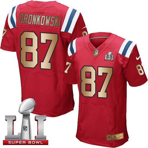Nike Patriots #87 Rob Gronkowski Red Alternate Super Bowl LI 51 Elite Gold Jersey