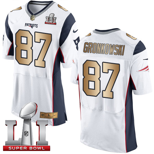 Nike Patriots #87 Rob Gronkowski White Super Bowl LI 51 New Elite Gold Jersey