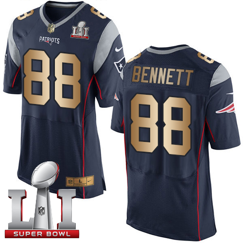 Nike Patriots #88 Martellus Bennett Navy Blue Team Color Super Bowl LI 51 New Elite Gold Jersey