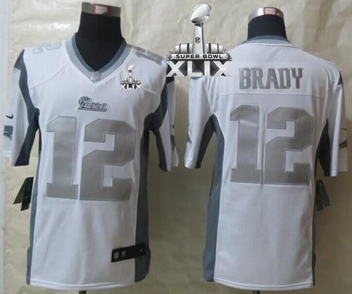 Nike Patriots 12 Tom Brady White Super Bowl XLIX Stitched NFL Limited Platinum Jersey