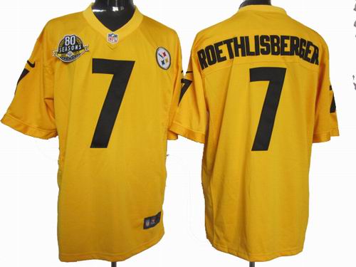 Nike Pittsburgh Steelers 7# Ben Roethlisberger yellow game 80TH Anniversary patch jerseys