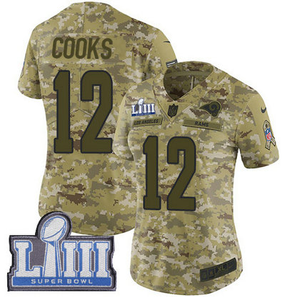 Nike Rams #12 Brandin Cooks Camo Super Bowl LIII Bound Women's Stitched NFL Limited 2018 Salute to Service Jersey
