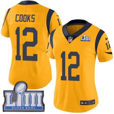 Nike Rams #12 Brandin Cooks Gold Super Bowl LIII Bound Women's Stitched NFL Limited Rush Jersey