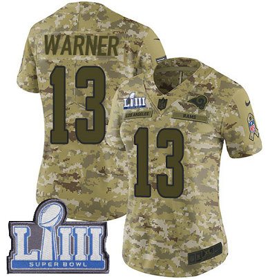 Nike Rams #13 Kurt Warner Camo Super Bowl LIII Bound Women's Stitched NFL Limited 2018 Salute to Service Jersey