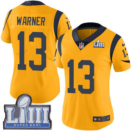 Nike Rams #13 Kurt Warner Gold Super Bowl LIII Bound Women's Stitched NFL Limited Rush Jersey