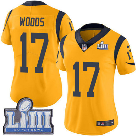 Nike Rams #17 Robert Woods Gold Super Bowl LIII Bound Women's Stitched NFL Limited Rush Jersey