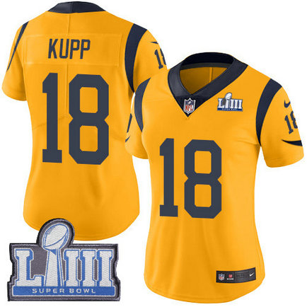 Nike Rams #18 Cooper Kupp Gold Super Bowl LIII Bound Women's Stitched NFL Limited Rush Jersey