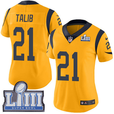 Nike Rams #21 Aqib Talib Gold Super Bowl LIII Bound Women's Stitched NFL Limited Rush Jersey