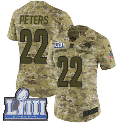 Nike Rams #22 Marcus Peters Camo Super Bowl LIII Bound Women's Stitched NFL Limited 2018 Salute to Service Jersey