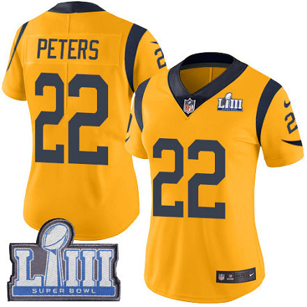 Nike Rams #22 Marcus Peters Gold Super Bowl LIII Bound Women's Stitched NFL Limited Rush Jersey