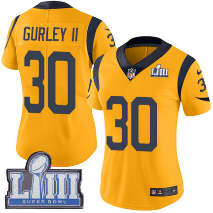 Nike Rams #30 Todd Gurley II Gold Super Bowl LIII Bound Women's Stitched NFL Limited Rush Jersey
