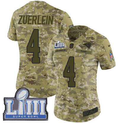 Nike Rams #4 Greg Zuerlein Camo Super Bowl LIII Bound Women's Stitched NFL Limited 2018 Salute to Service Jersey