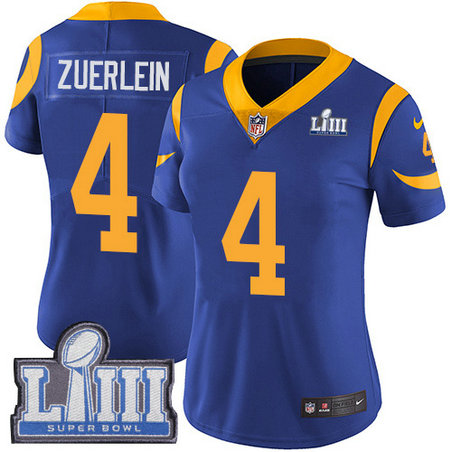 Nike Rams #4 Greg Zuerlein Royal Blue Alternate Super Bowl LIII Bound Women's Stitched NFL Vapor Untouchable Limited Jersey