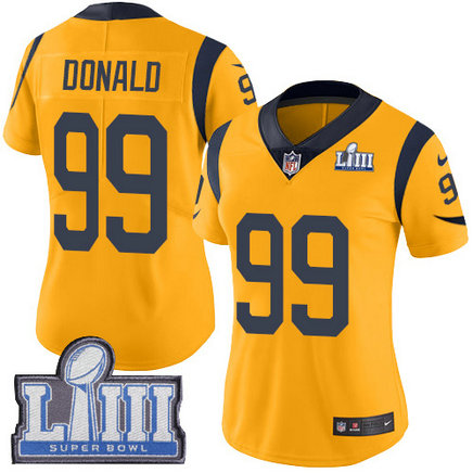 Nike Rams #99 Aaron Donald Gold Super Bowl LIII Bound Women's Stitched NFL Limited Rush Jersey