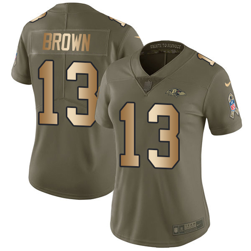 Nike Ravens #13 John Brown Olive Gold Women's Stitched NFL Limited 2017 Salute to Service Jersey
