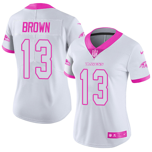 Nike Ravens #13 John Brown White Pink Women's Stitched NFL Limited Rush Fashion Jersey
